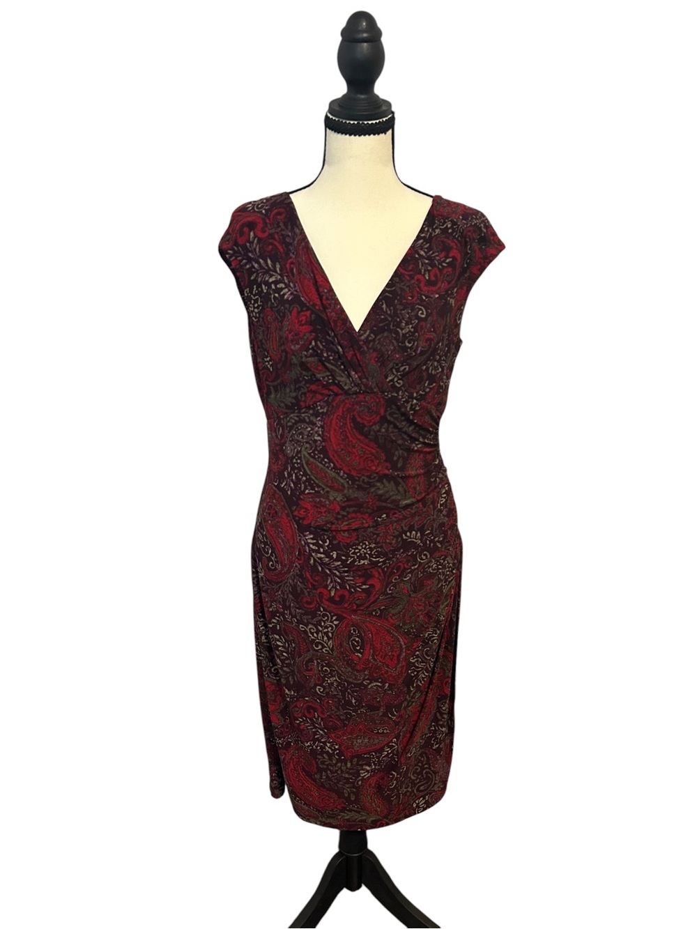 Lauren Ralph Lauren Paisley Y2K Dress V-Neck Tuscan Faux Wrap Sz 10 Ruched